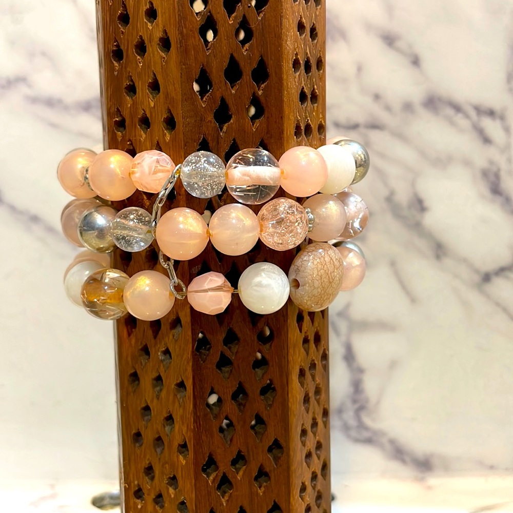 Incredible Statement Bracelet! 3 layered Pink and silver stone beads - NWOT